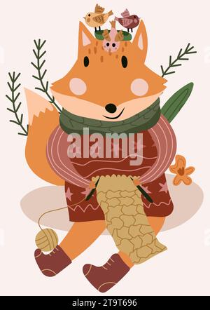 Cute illustration with red fox knitting, funny birds on head, flowers and leaves around. Perfect vector design for posters, greeting cards and various creative projects. Vector. Stock Vector