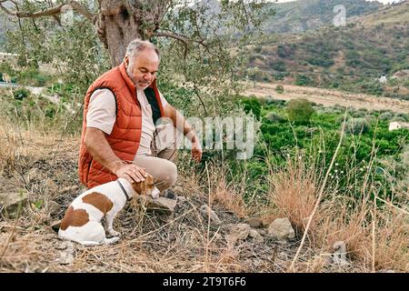 Mature gray haired man spending time outdoors with his small cute Jack Russell Terrier in mountain nature. Stock Photo