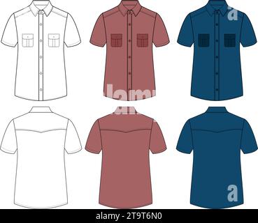 Short sleeved men resort shirt flat technical drawing vector illustration mockup template design Stock Vector