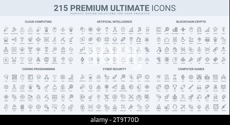 Cloud computing, program development, privacy thin black line icons set vector illustration. Outline symbols of computer and mobile games, software co Stock Vector