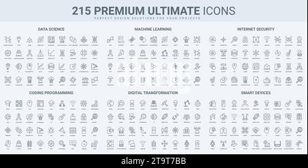 Science data research, cyber technology and software code thin black line icons set vector illustration. Outline symbols of smart digital devices and Stock Vector