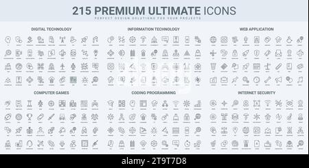Video games, software code, cloud technology thin black line icons set vector illustration. Outline symbols of digital data infrastructure and develop Stock Vector