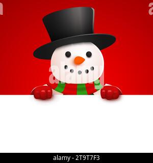 Happy Smiling Snowman Standing Behind A Blank Sign. Christmas And New 