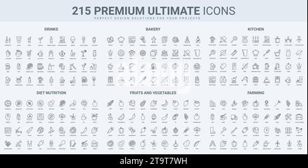 Food and drink tasting, agriculture farm products and cooking in kitchen thin black line icons set vector illustration. Outline symbols of diet nutrie Stock Vector