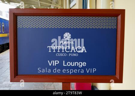 Sign for the Titicaca Train VIP lounge at Cusco Station. Cusco, Peru, October 8, 2023. Stock Photo