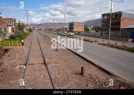 Train tracks through the Andes from Cusco to Puno. Cusco, Peru, October 8, 2023. Stock Photo