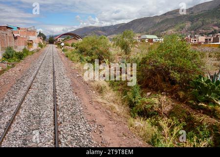 Train tracks through the Andes from Cusco to Puno. Cusco, Peru, October 8, 2023. Stock Photo