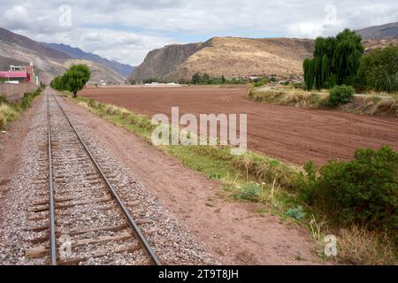 Train tracks through the Andes from Cusco to Puno. Cusco, Peru, October 8, 2023. Stock Photo
