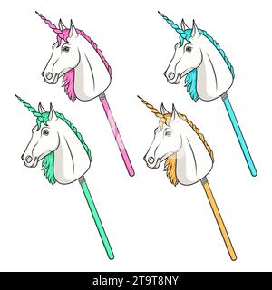 Set of color illustrations with unicorn hobby horse toy on stick. Isolated vector objects on white background. Stock Vector