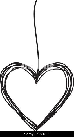 Tangled scribbled heart hanging on a string, hand drawn with thin line and red ink hearts, divider shape. Isolated on white background. Vector illustr Stock Vector