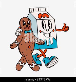 Retro style milk box and gingerbread man cartoon character. Groovy vintage 70s milk and cookie characters walking arm in arm. Stock Vector