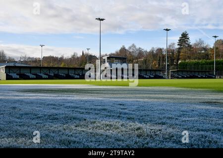 Swansea, Wales. 25 November 2023. Hoar frost covers one of the academy pitches before the Under 16 Professional Development League Cup match between Swansea City and AFC Bournemouth at the Swansea City Academy in Swansea, Wales, UK on 25 November 2023. Credit: Duncan Thomas/Majestic Media. Stock Photo