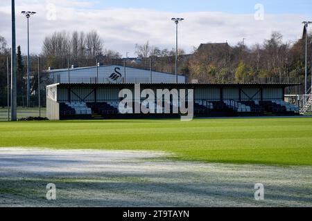 Swansea, Wales. 25 November 2023. Hoar frost on one of the academy pitches before the Under 16 Professional Development League Cup match between Swansea City and AFC Bournemouth at the Swansea City Academy in Swansea, Wales, UK on 25 November 2023. Credit: Duncan Thomas/Majestic Media. Stock Photo