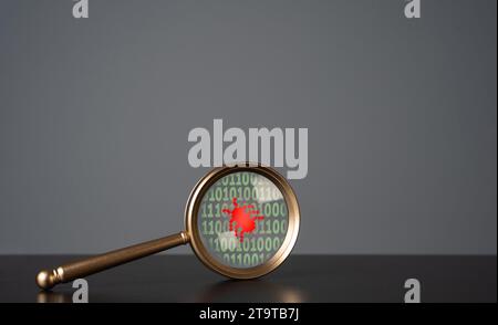Bug in the code in the magnifying glass. Debugging, testing and code review. Troubleshooting. Programming. Fault or glitch that causes software to mal Stock Photo