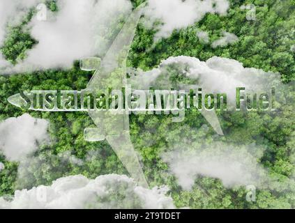 Sustainable aviation fuel concept. Net zero emissions flight. Sustainability transportation. Eco-friendly aviation fuel. Air travel. Future of flight Stock Photo