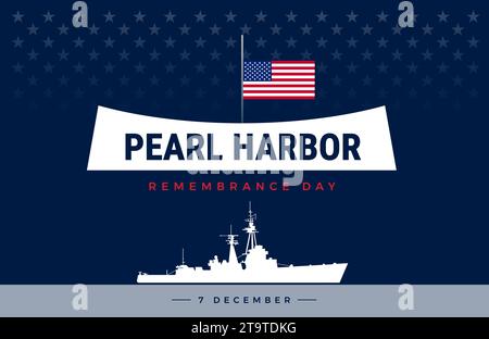 Pearl Harbor attack memorial background - Pearl Harbor  Remembrance Day typography with a ship and memorial in Hawaii, USA flag at half mast. Vector I Stock Vector