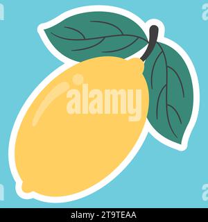 Lemon fruit flat sticker isolated on blue. Vector illustration for summer design concept Stock Vector