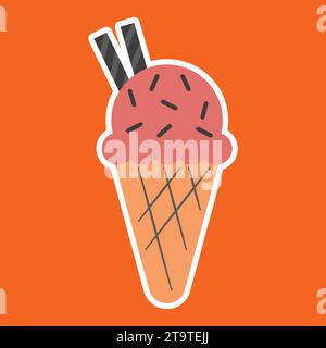 Ice cream in a waffle cone flat icon on orange background. Stock Vector