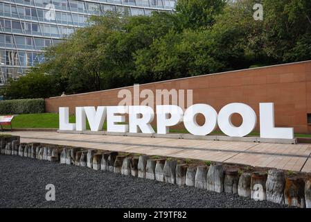 Giant Letters, Town Sign or City Sign for Liverpool in the Liverpool One Shopping Centre Liverpool England UK Stock Photo