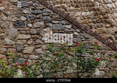 Textured, abstract pattern formed by old, weathered brick and stone masonry on buildings in Italy. Stock Photo