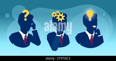 Three stages of the thought process in the human brain. Vector sequence of a man thoughtful, thinking, finding solution with gear mechanism, question, Stock Vector