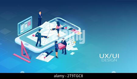 Mobile app design. Team of software engineers working on user interface for a mobile application Stock Vector