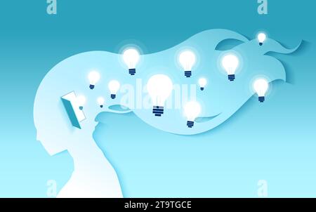 Vector of a female human head with light bulbs flying from head. Creative ideas, peace of mind and psychology concept. Stock Vector