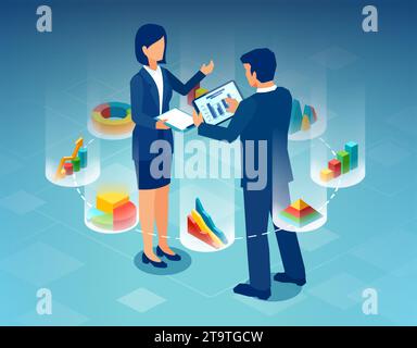 Vector of a market analysts review financial reports and market data Stock Vector