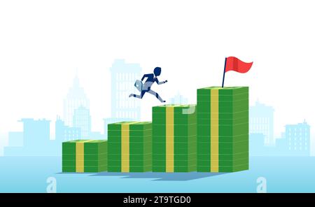 Vector of a businessman climbing steps from piles of dollars Stock Vector