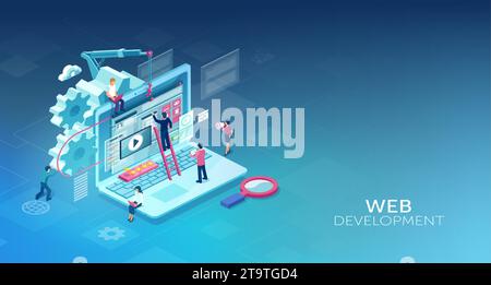 Team of professional software engineers working on a new website design and security features, isometric vector Stock Vector