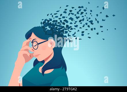 Memory loss due to dementia or brain damage. Vector of a woman losing parts of head as symbol of decreased mind function. Stock Vector