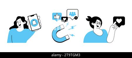 Young women using mobile gadgets communicating being attracted by socila media app platform Stock Vector