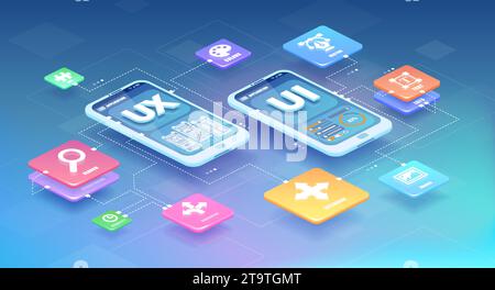 Toolkit UI UX creator. Mobile application design concept. Isometric vector of a smartphone mockup with active blocks and connections, process of creat Stock Vector