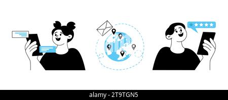 Young man and woman communicate, send each other emails on mobile phones. Stock Vector