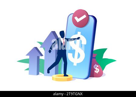Vector of a businessman using mobile phone app to trade and make money transfer Stock Vector