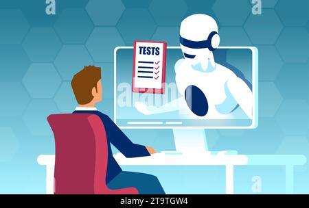Online medical consultation and lab tests report concept. Vector of a robot, artificial intelligence giving advice to a patient man on a hospital web Stock Vector