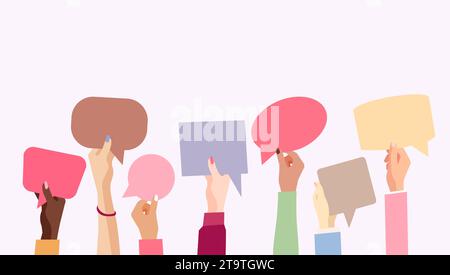 Group communication of a multicultural group of people with raised hands holding speech bubble, vector illustration Stock Vector