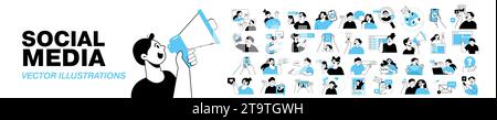Social media, digital marketing, online communication and networking concept. A set of illustrations of people using mobile gadgets in various activit Stock Vector