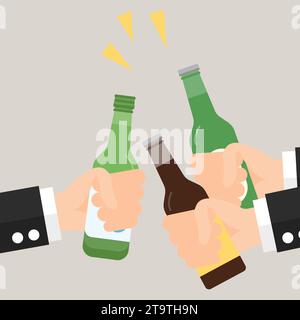 Flat icon of businessmen holding Bottle of Beer and Soju. Celebration Stock Vector
