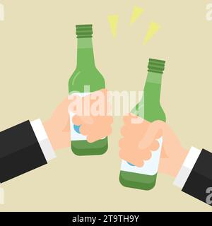 Flat icon of two hands holding Soju, famous clear, colorless distilled beverage of Korean origin Stock Vector
