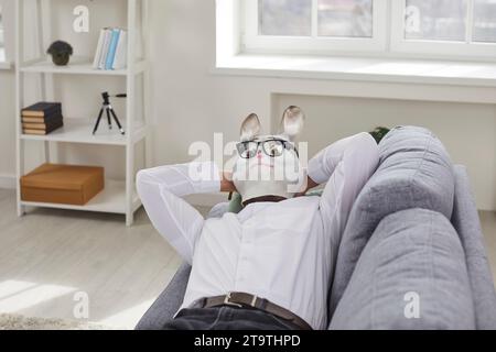 Funny man in rabbit head mask lying on sofa Stock Photo