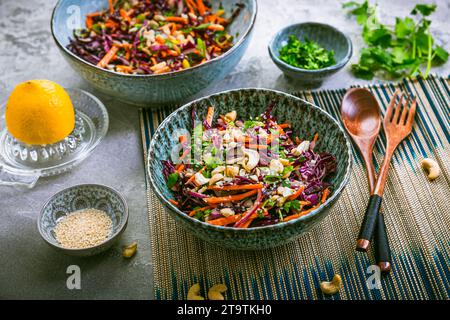 Red cabbage salad in Asian style with carrots, cilantro, cashew nuts and onions Stock Photo
