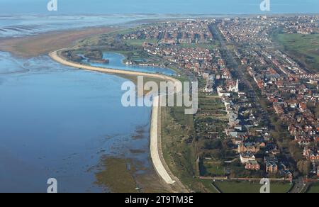 aerial view looking west from Lytham St Annes towards Fairhaven and the RSPB Fairhaven Lake  across Granny's Bay with the Irish Sea in the background Stock Photo