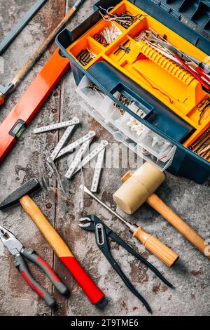 Handyman tool kit with assorted tools, gogles Stock Photo