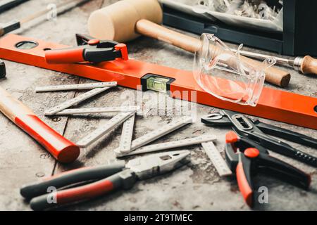 Handyman tool kit with assorted tools, gogles Stock Photo