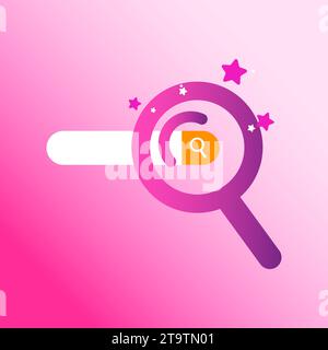 Vector illustration of magnifying glass icon on search bar. Concept of searching, finding on internet, customer service, finding solutions. Stock Vector