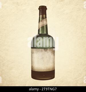 Vintage wine bottle with weathered blank label on a sepia background Stock Photo