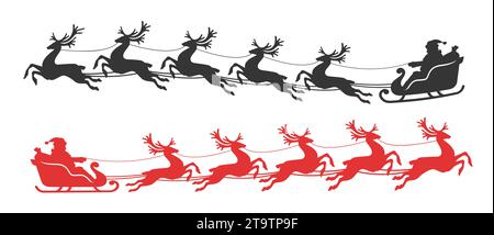 Christmas silhouette, Santa Claus with gifts in a sleigh drawn by reindeer. Happy holidays symbol, vector illustration Stock Vector