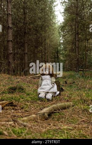 creepy 1 eyed doll sitting in the forest, horror thriller style. Stock Photo