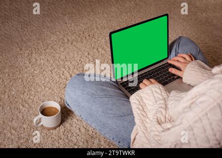 mock up with green screen laptop, woman type text or search for information in internet, sitting on floor at home Stock Photo